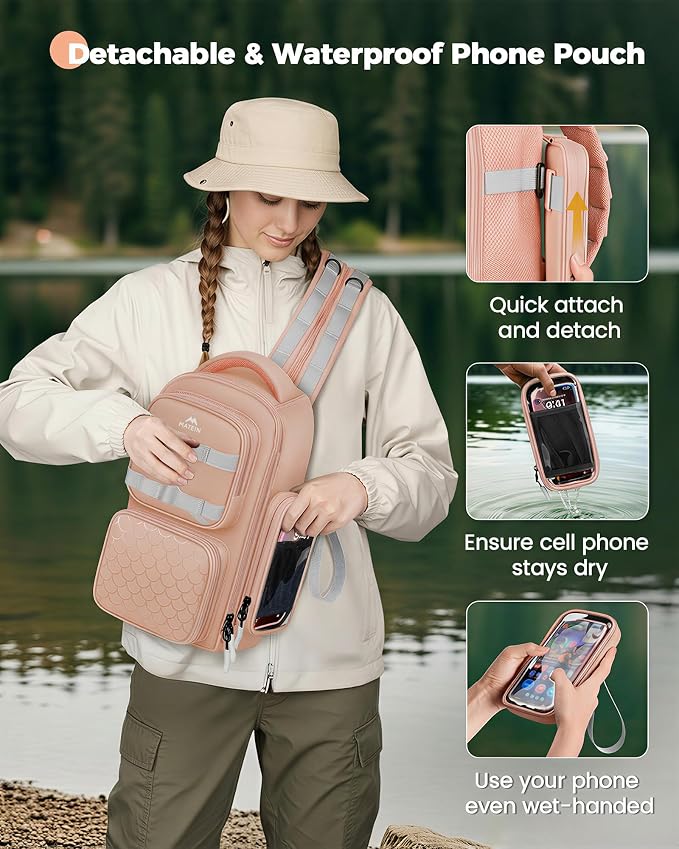 MATEIN Fishing Sling Bag with Lure Rod Holder & Phone Pouch, Waterproof 3600 Tackle Box Backpack with Removable Bait Binder