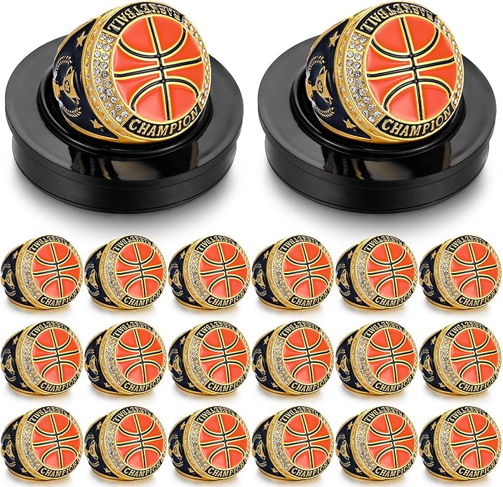 Highergo 20 Pcs Baseball Softball Basketball Football Champion Rings with Display Neck Chain and Stand Volleyball Soccer Cheer Trophy Rings Bulk for Tournament Award Gift