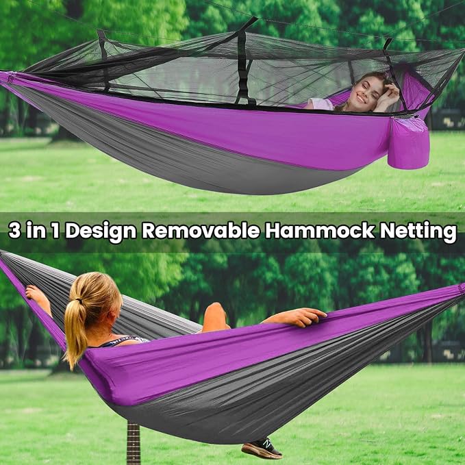 Camping Hammock with Mosquito Net & Rain Fly Tent Tarp & Tree Straps Portable Strong Nylon Hammock Parachute Tent w/Storage Bag for Camping Hiking Backyard Outdoor Backpacking Travel