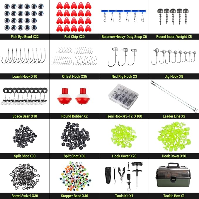 4 Layers Fishing Tackle Box, 605Pcs Fishing Gear Kit with Lures, Small Tool Kit Containing Gripper, Hook Remover, Plier, Accessories, Greeting Cards, Complete Fishing Box for Beginners, Adults