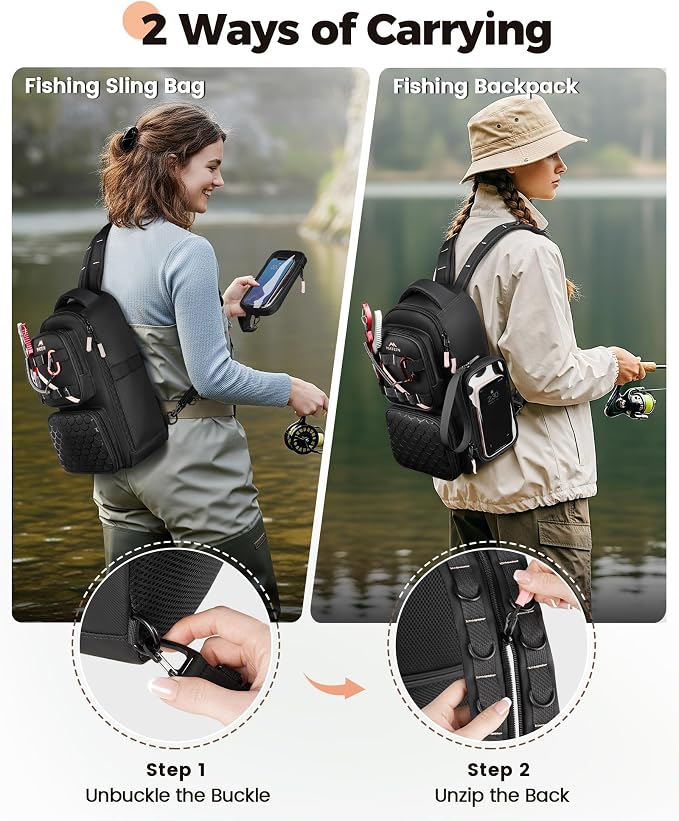 MATEIN Womens Fishing Sling Bag with Lure Rod Holder & Phone Pouch, Fishing Backpack Tackle Box