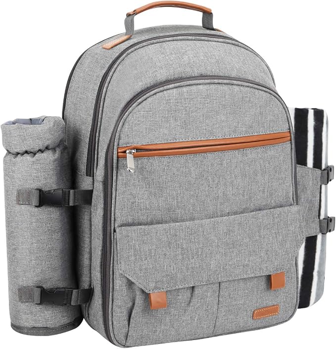 Sunflora Picnic Backpack for 4 Person Set Pack with Insulated Waterproof Pouch for Family Outdoor Camping (Gray)