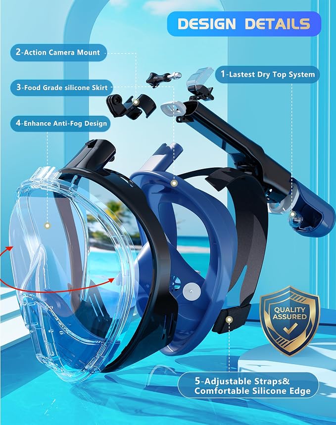 Greatever Full Face Snorkel Mask, Snorkeling Gear for Adults with Latest Dry Top Breathing System and Detachable Camera Mount, Foldable Snorkel Set for Family Snorkeling Trips, Anti-Fog & Anti-Leak