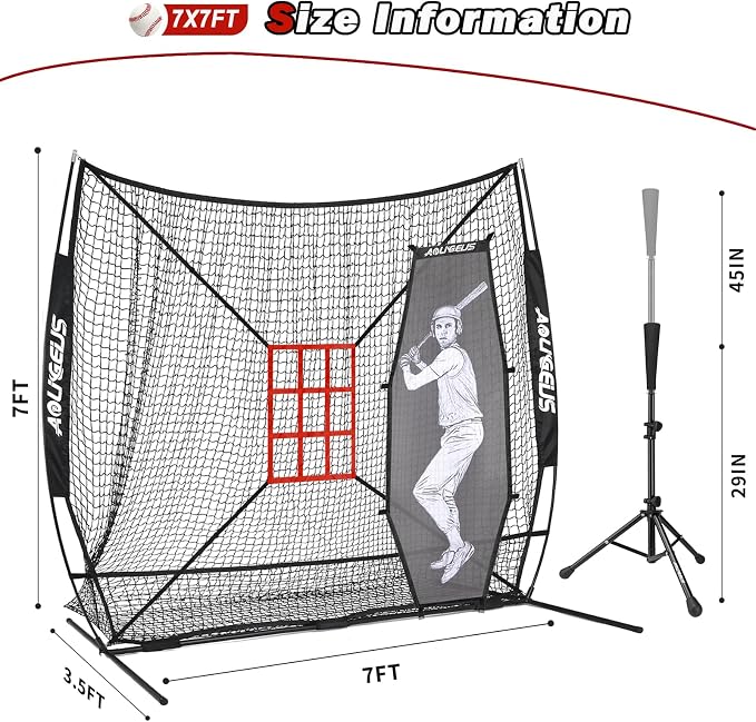 7'X7' Baseball Softball Practice Net,Pitching Net,Batting Net,with Large Ball Collection System,Baseball Pitching Kit - Batter Dummy,Bonus Strike Zone