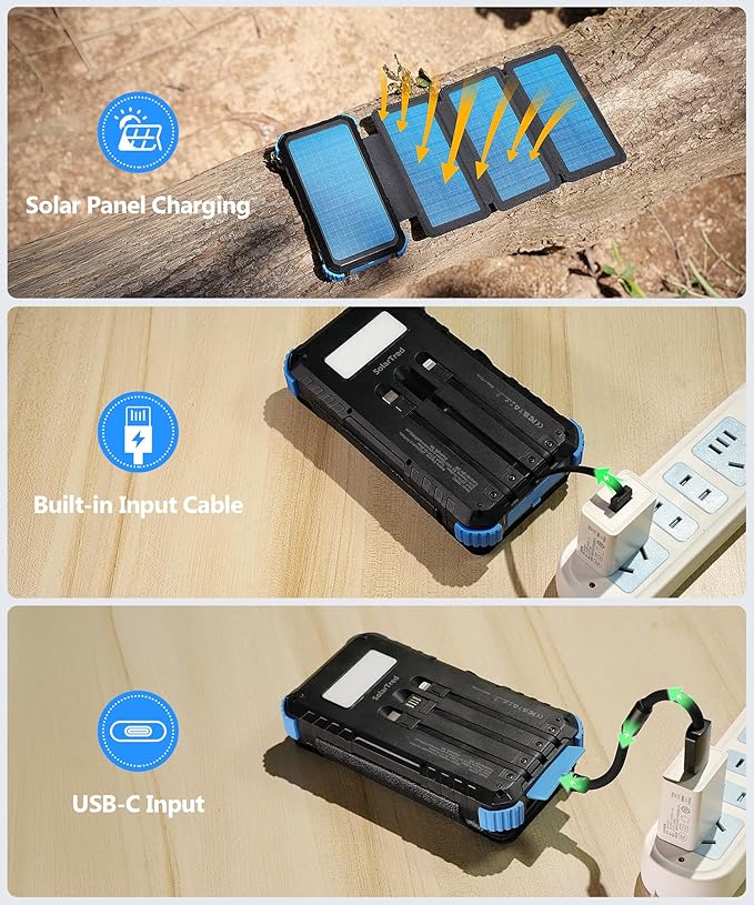 Solar Power Bank 20000mAh with 4 Panels, Portable Solar Charger with Build-in 3 Cables for iPhone, USB C in/Output 15W Fast Charging External Battery Pack with Flashlight & Camping Light