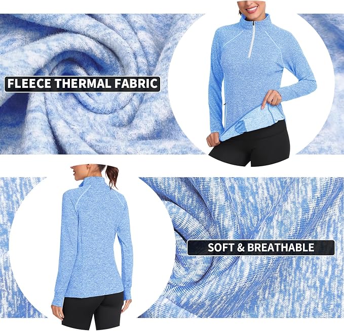 Soneven Women's Thermal Fleece Running Shirts Warm Winter Pullover Cold Weather Workout Hiking Tops with Thumb Holes Pockets