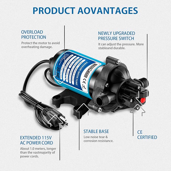 WASSERMANN Water Pressure Booster Pump 115 Volt AC 4.5GPM 55PSI,Water Pump Self Priming Diaphragm Pump with Pressure Switch for Kitchen Bathroom Marine Yacht Garden