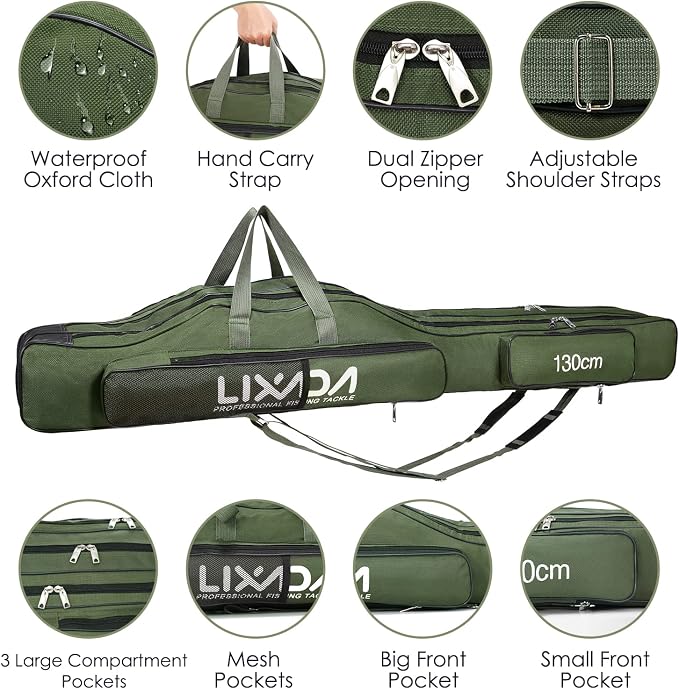 Lixada Fishing Rod Case, 3 Layers Oxford Fishing Rod Bag, Portable Foldable Fishing Pole Bag, Fishing Rod Carrier Fishing Tackle Storage Bag Travel Carry for Fishing Gear & Equipment