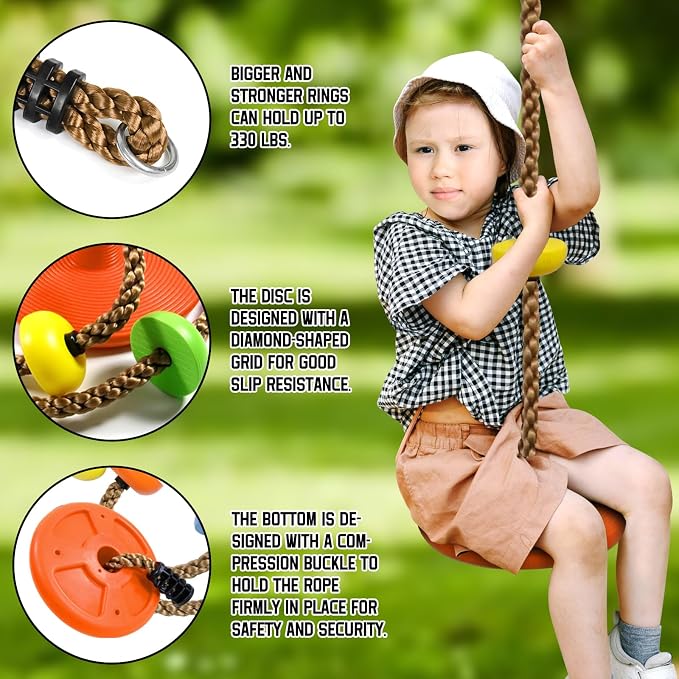 Tree Swing for Kids,Climbing Rope with Platforms,Disc Swing Seat Set Outdoor Playground Accessories for Kids-Include Carabiner, 4ft Tree Strap and Tree Protector (Orange)