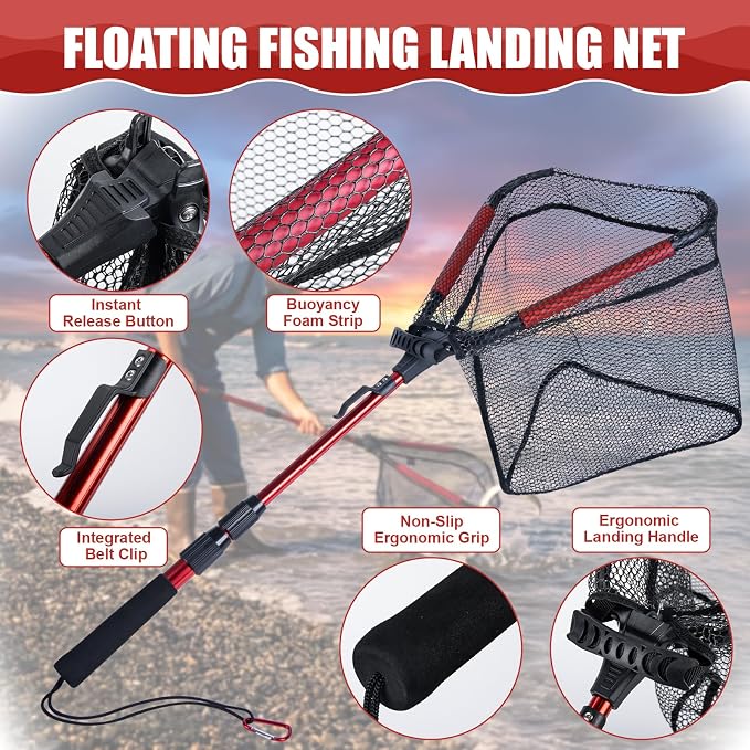 Goture Floating Fishing Net with Assist Handle, Aluminum Alloy Fixed or Telescoping Pole Handle, PVC Coated Nylon Mesh, Foldable Fish Landing Net, Carry Bag for Kayak, Fly, Bass, Trout Fishing