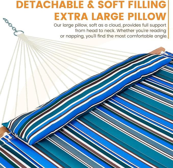 Lazy Daze Hammocks 12 FT Quilted Fabric Double Hammock with Spreader Bars and Detachable Pillow, 450lbs Weight Capacity