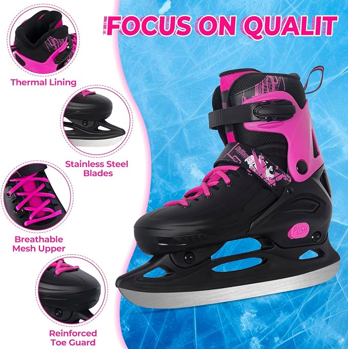Nattork Ice Skates 4 Sizes Adjustable for Kids Boys Girls, Fun Beginner Ice Skating for Outdoor, Soft and Comfortable Hard Protection for Children Youths Teen