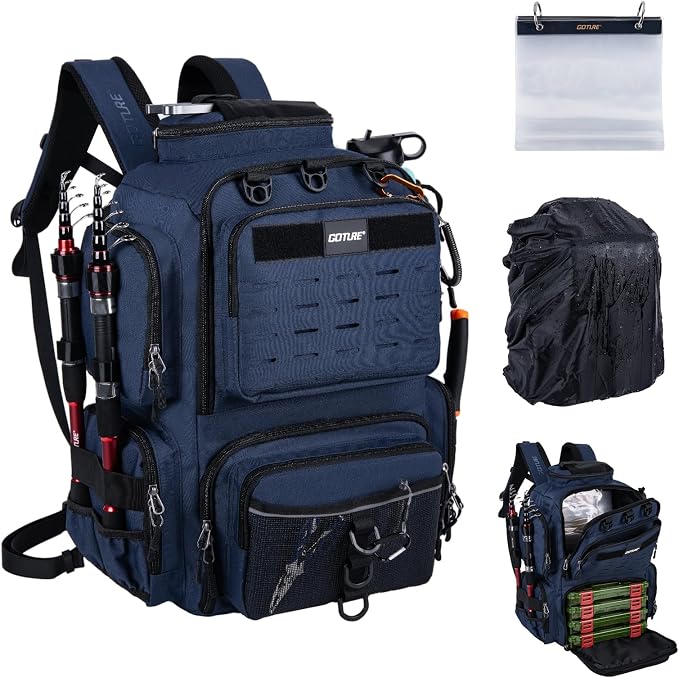 Goture Fishing Backpack,900D Water-Resistant Tackle Backpack with Rod Holders, SBS Zippers,45L Large Fishing Bag Storage Gear Tackle Bag with Rain Cover, Bottle Holder for Travel Camping Hiking