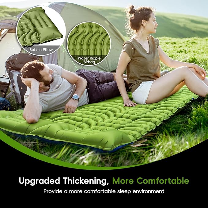 Double Sleeping Pad, Ultralight Self Inflating Camping Sleeping Pad for 2 Person with Pillow, Built-in Foot Pump, Portable Camping Mat for Backpacking, Hiking, Beach, Travel Tent