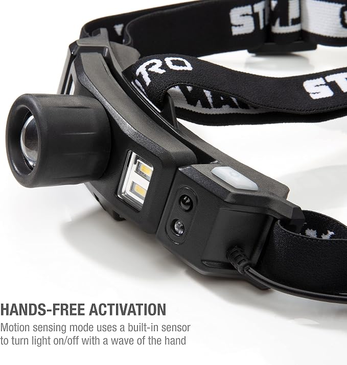 Steelman Pro Rechargeable Focusing Spotlight Headlamp, Motion-Sensing, Rear Safety Light, Pivoting Head, Up to 260 Lumens of Brightness