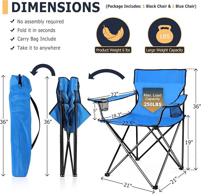 Joyfair Portable Camping Chair, Outdoor Lawn Folding Chairs for Adults, Heavy Duty Large Foldable Chairs for Beach, Fishing, Tailgating and More Outdoor Sport, Carry Bag & Cup Holder