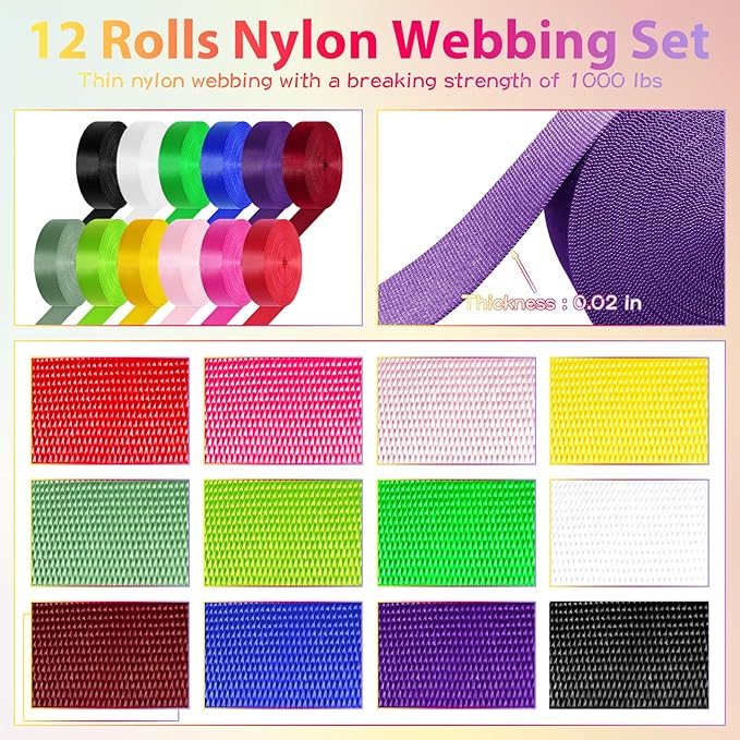 Nylon Webbing 1 Inch 1.5 Inch, 12 Rolls Webbing Strap for Bags, Pets, Climbing Outdoors Indoors Crafting DIY