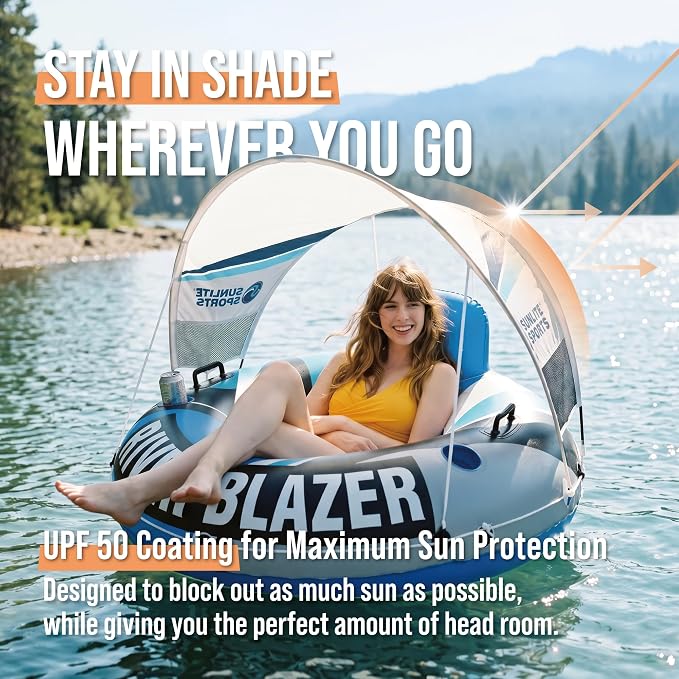 Sunlite Sports River Tube with Canopy for 1 or 2 Person - Heavy Duty Inflatable Water Float with Cup Holders, UV Sun Protection, Comfortable Lounge Design for Lake, River, Pool