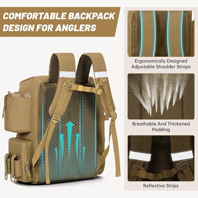 40L Fishing Backpack Water Resistant Fishing Tackle Bag with 2 Rod Holders, Tackle Storage Bag for Anglers(Khaki,Bag Only)