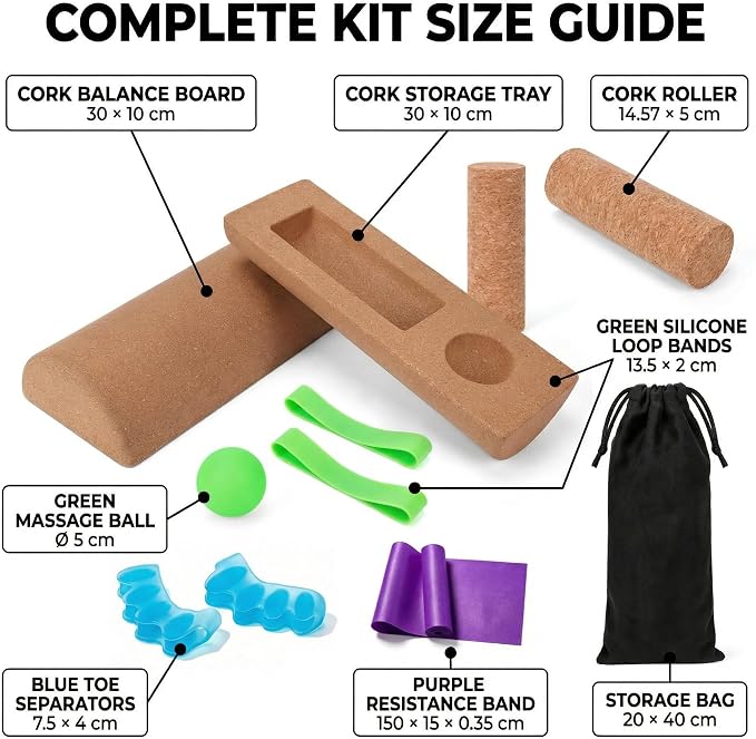 Cork Balance Board, 4-in-1 Foot & Ankle Strengthener Kit with Massage Roller, Ball, Resistance Bands & Toe Separators, Premium Balance Trainer for Physical Therapy, Plantar Fasciitis Relief & Stability Training
