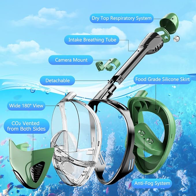 Full Face Snorkel Mask for Adults Teen, Snorkeling Gear with Detachable Camera Mount, Panoramic 180° View, Anti-Fog Anti-Leak Snorkling Set for Man and Women
