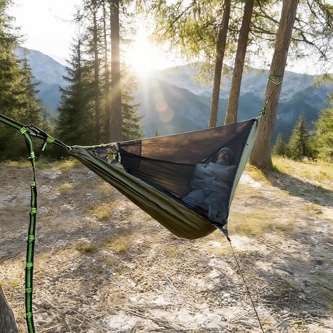 Night Cat Hammock with Mosquito Net: Portable Kit with Sleeping Pad for Solo Camping Durable Nylon Compact Lightweight Spacious 11ft Hammock for Backpacking Hiking Travel Yard and Outdoor Activities