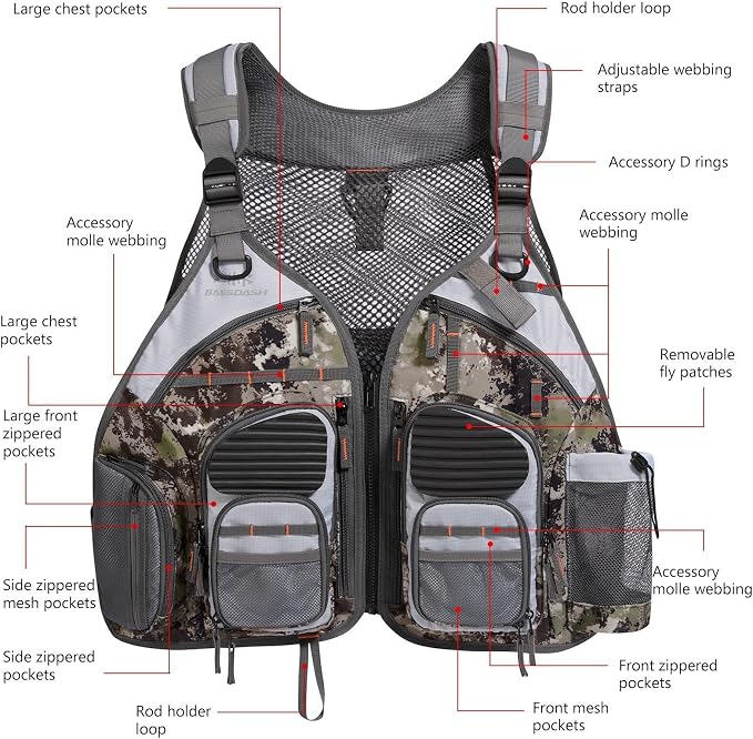 BASSDASH Strap Fishing Vest Adjustable for Men and Women, for Fly Bass Fishing and Outdoor Activities
