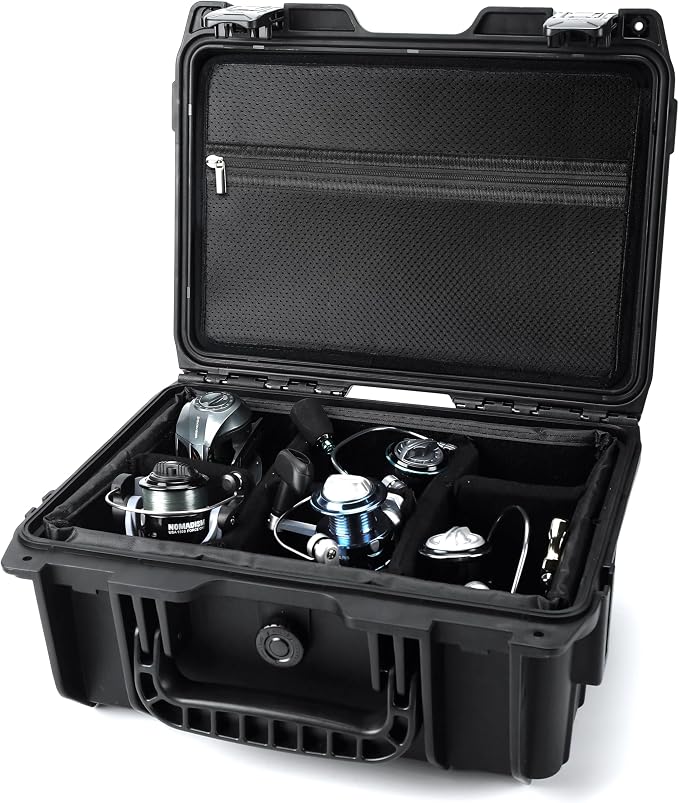 Fishing Reels Storage Case,Lockable Waterproof Fishing Wheel Protective Hard Case for Spinning Baitcasting Fly Reels,6pcs Adjustable Shockproof Dividers(Black with mesh bag)