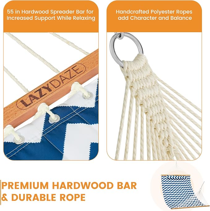 Lazy Daze Hammocks 12FT Quilted Fabric Double Hammock with Spreader Bars and Detachable Pillow, 2 Person Hammock for Outdoor Patio Backyard Poolside, 450 LBS Weight Capacity, Blue Chevron Stripe