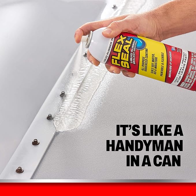 Flex Seal, 14 oz, White, Stop Leaks Instantly, Waterproof Rubber Spray On Sealant Coating, Perfect for Gutters, Wood, RV, Campers, Roof Repair, Skylights, Windows, and More