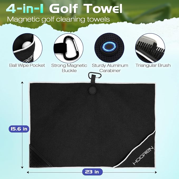 Magnetic Golf Towel with Brush & Cleaning Pocket, 4-in-1 Golf Cleaning Kit 3 Stage Cleaning System Golf Club Cleaning Kit, Microfiber Waffle Golf Accessories 15.7" X 23.6", Black