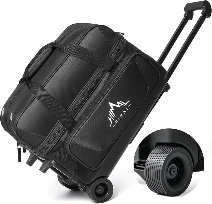GoHimal Double Roller 2 Ball Bowling Bag with Separate Shoe Compartment for Bowling Shoes (Up To US Mens Size 15) and Oversized Accessory Pocket, Retractable Handle - Extends to 40"