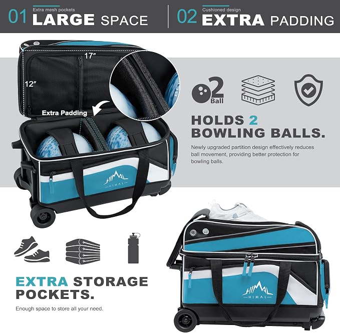 GoHimal Double Roller 2 Ball Bowling Bag with Separate Shoe Compartment for Bowling Shoes (Up To US Men Size 15) and Abundant multifunction Accessory Pocket, Upgraded fabric, Retractable Handle - Extends to 40"