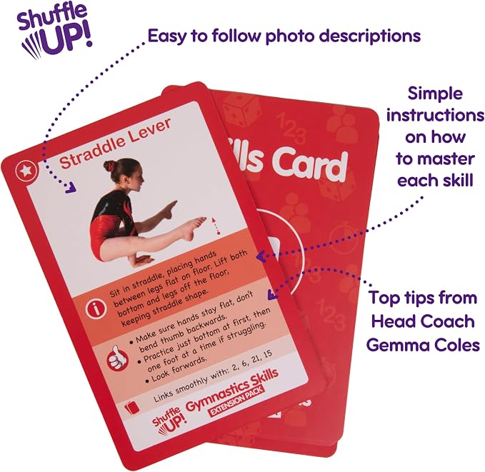 Shuffle Up Gymnastics Games Skills Pack 22 Skills Cards Gymnastics Equipment for Kids at Home Gymnastic Gifts for Girls, Fitness and Tumbling Accessories, Cheerleader, Outdoor Family Games Ages 8-12