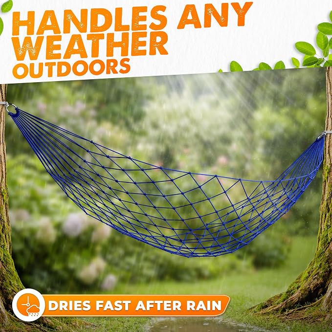 Mesh Hammock - Loop & Lounge Between Two Trees, Rope Hammocks for Outside Camping - No Stand Needed, 220 lb Capacity, Lightweight 13 oz Nylon Net Bed for Backyard Garden Patio Beach Travel, Blue