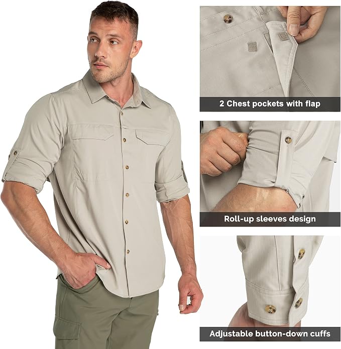 33,000ft Men's Long Sleeve Hiking Shirts Lightweight Quick Dry Sun Protection UV UPF 50 Fishing Shirt Outdoor Safari Travel