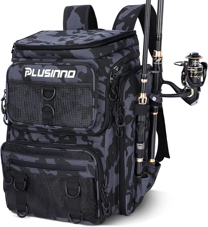 PLUSINNO Fishing Tackle Backpack with Rod Holders，42L Water-resistant Fishing Bag Store Fishing Gear, Fisher Gifts For Men.
