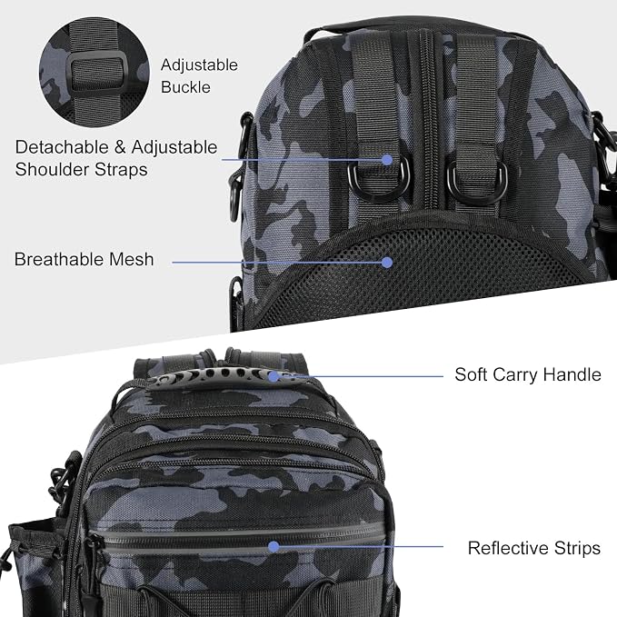 MoKo Fishing Backpack Sling Bag with Rod & Gear Holder, Nylon Waterproof Fishing Tackle Storage Bag for Fishing