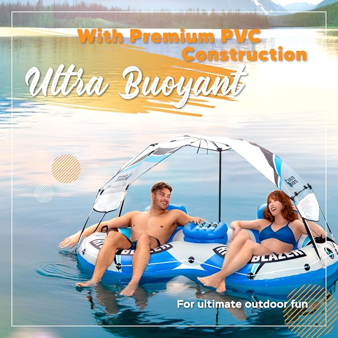 Sunlite Sports River Tube with Canopy for 1 or 2 Person - Heavy Duty Inflatable Water Float with Cup Holders, UV Sun Protection, Comfortable Lounge Design for Lake, River, Pool