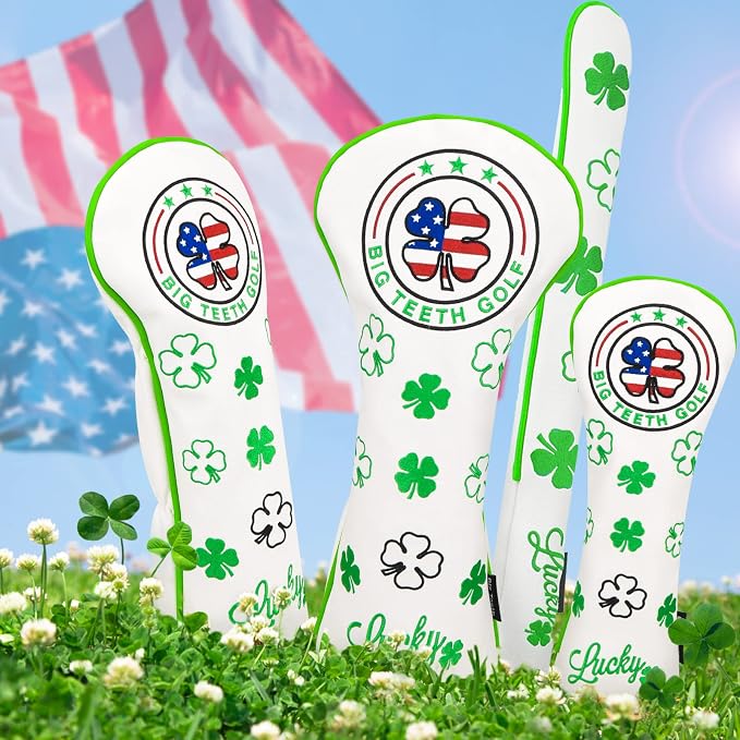 Big Teeth Golf Cover Lucky Clover Headcover Covers, Driver Fairway Wood Hybrid Headcovers Fits Blade Mallet Putter Iron and Woods with Magnetic White Shamrock Head Club Protector Leather