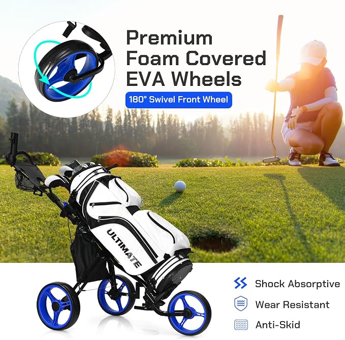 Golf Push Carts 3 Wheel Folding-Collapsible Lightweight Push Cart with Seat for Golf Clubs, Foot Brake/Umbrella Holder- 4 Height Position Handle
