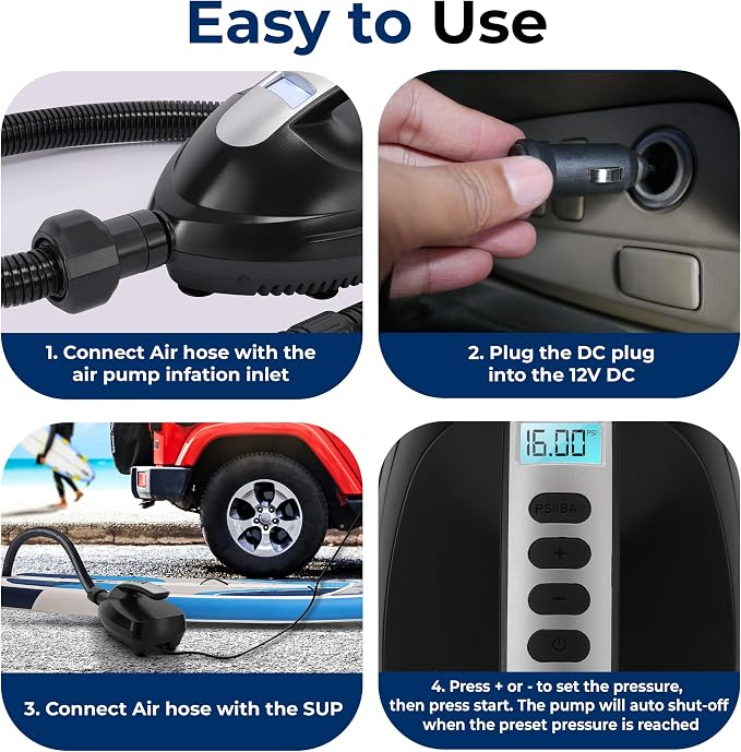 SereneLife Electric Air Pump Compressor – Portable Inflator for SUPs (Stand Up Paddle-Boards) & Pool Inflatables, Digital LCD Display, Adjustable Air Pressure Settings, Car Power Outlet Connection