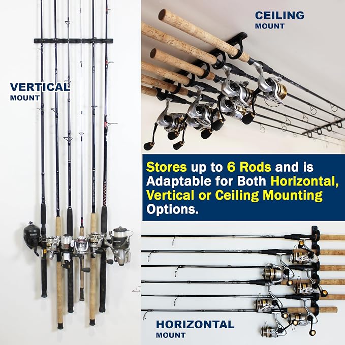 Rush Creek Creations Set of 4 Adaptable 6, 12, 18, or 24-Rod Horizontal Wall-Mount Fishing Pole Holders, Ceiling or Wall Fishing Rod Racks for Garage, Fits Most 0.12" to 0.75" Diameter Rods