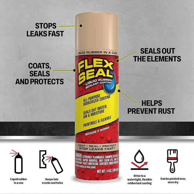 Flex Seal, 14 oz, Almond, Stop Leaks Instantly, Waterproof Rubber Spray On Sealant Coating, Perfect for Gutters, Wood, RV, Campers, Roof Repair, Skylights, Windows, and More