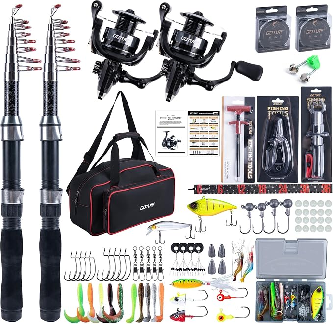 Goture Fishing Rod and Reel Combos-2PCS Telescopic Fishing Pole+2PCS Spinning Reels with Carrier Bag, Telescopic Rod Reel Lures Kit for Starter Travel Saltwater Freshwater