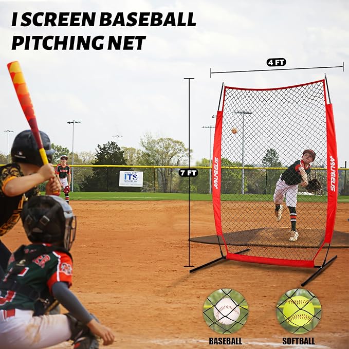 Baseball & Softball Portable Practice Batting Screen, 7-FT I-Screen or L-Screen Pitching Net for Pitcher Protection with Carry Bag and Ground Stakes