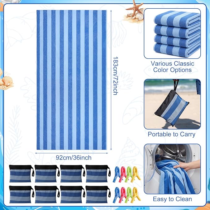 Gilprop 8 Packs Oversized Stripe Beach Towels XL L Microfiber Clearance Pool Towels with Bags Clips Soft Absorbent Quick Dry Camping Swim Towel for Adult Women Men Travel Family (72×36 in,Blue)