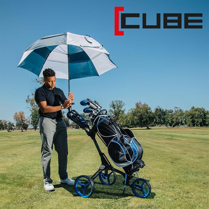 CUBE CART 3-Wheel Golf Push Cart – Ultra-Compact 14.5 lb Folding Golf Trolley, Two-Step Fold, Adjustable Handle, Foot Brake, Umbrella Holder & Built-in Storage