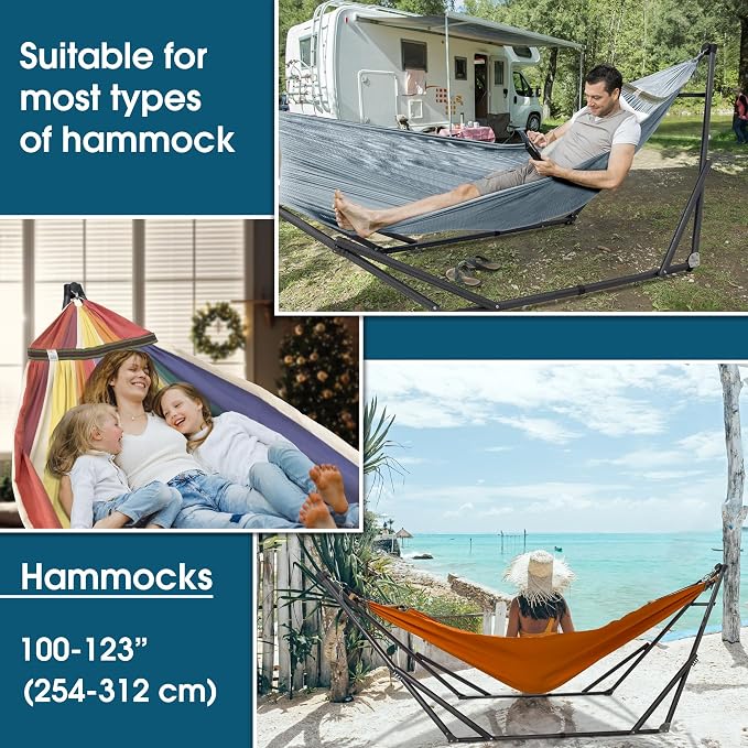 Tranquillo Adjustable Hammock Stand 600 lbs Capacity, Collapsible Camping Hammock and Stand, Double Hammock with Stand for 2 Persons, Quick & Easy Assembly Garden Yard Patio Lawn, Grey