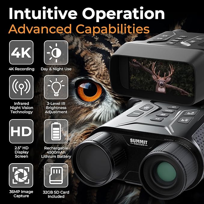 4K Night Vision Goggles for Adults, Infrared Binoculars with 36MP Camera & 4.5" Screen 8X Digital Zoom 4500mAh Rechargeable Battery 32GB TF Card Tripod Compass 1300ft Range Ideal for Hunting & Camping